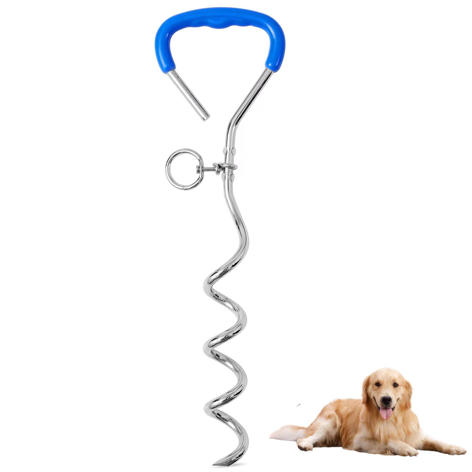Dog Tie-Out Stake, Heavy Duty 16" Spiral Anchor Stake for Outside, Yard and Camping, Soft Grip Handle Anti-Rust Stake for Any Dog Cable Leash Chain, Small to Large Dogs Up to 200lbs (Blue, 16" Stake)