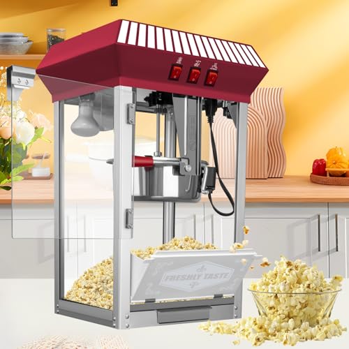 Image of Commercial Popcorn Maker Machine,12 Ounce Kettle Stainless Steel Commercial Popcorn Machine with Tempered Glass,Warming Deck, 800W Countertop Popcorn Popper for Parties LT Red