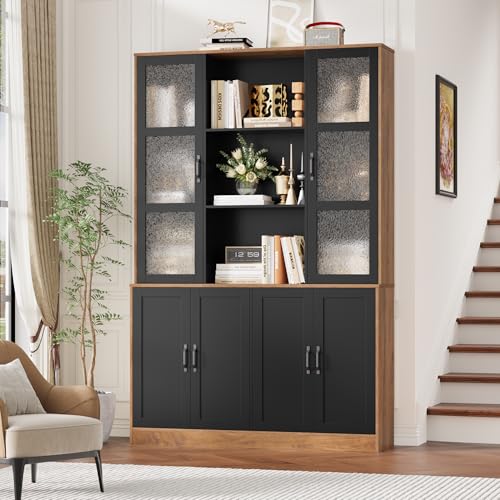 Image of FINETONES 71 inchH Black Bookcase with Doors, Double Wide Bookshelf and Bookcase with Doors, Large Bookshelves Storage Cabinet with 13 Compartments, Tall Storage Cabinet Display Organizer for Living Room