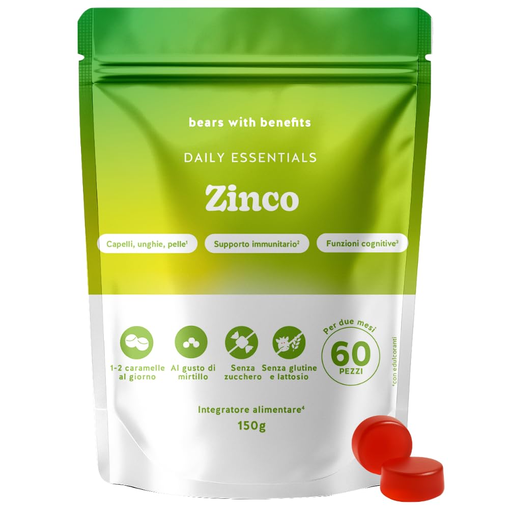 Zinco 25mg Gummies - Contribuisce a capelli, unghie e pelle normali, supporto immunitario e funzione cognitiva - 60 Pezzi (2 mesi) – Senza Zucchero, Vegane – Bears with Benefits