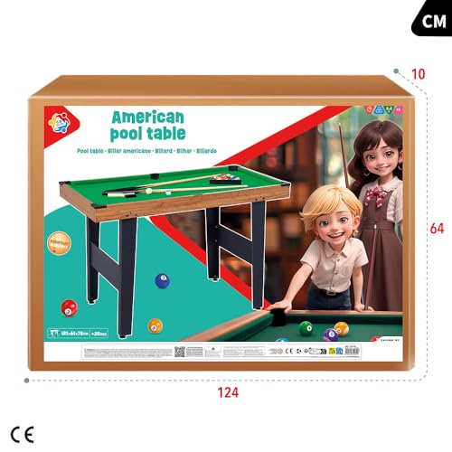 ColorBaby 85434 Amerikanischer Billardtisch für Kinder und Erwachsene, 121 x 61 x 70 cm, aus robustem Holz, inklusive 2 Queues, 16 Kugeln, 1 Kreide, 1 Bürste und 1 Dreieck, 2-4 Spieler, 6 Jahre und