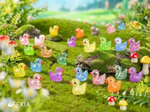 Image of FEXIA 100pcs Mini Ducks Glitter Resin Tiny Ducks Animals Figures to Hide Glow in the Dark Duck Figures for Dollhouse Aquarium Fairy Garden Decor