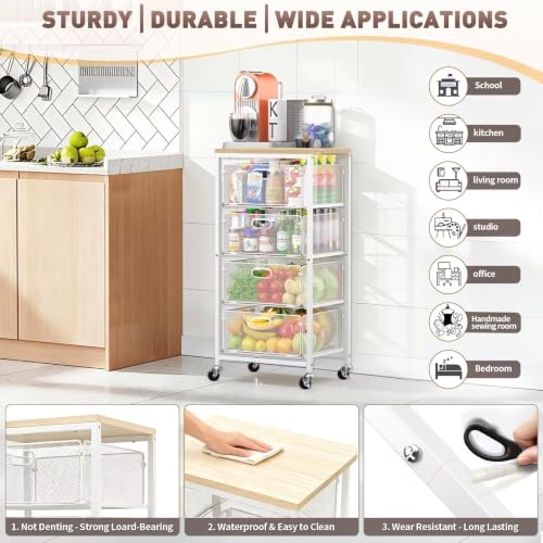 Image of SUNALLY Kitchen Storage Cart with Drawers,Metal Snack Cart Organizer,White | 4-Tier Craft Cart with Lockable Wheels, Wooden Top, Rolling Storage Drawer Carts for Snacks,Beauty,Craft,Art,Makeup,School