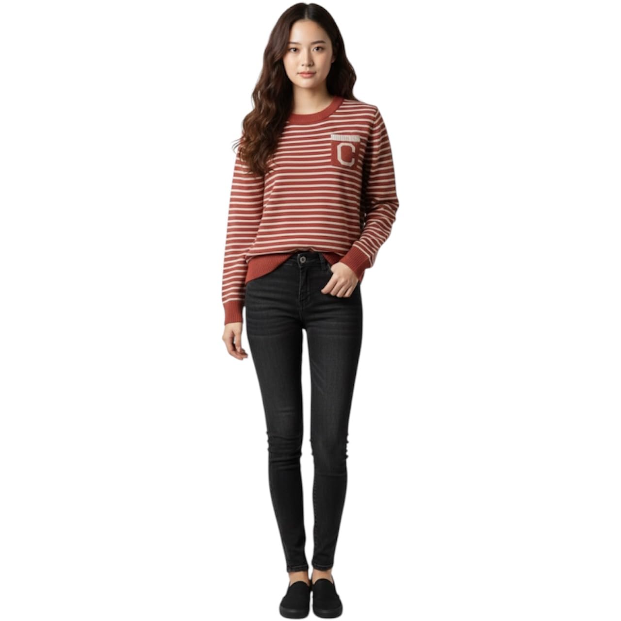 Women’s Striped Knit Sweater Red White Long Sleeve Casual Crew Neck Soft Comfort L-picture-57