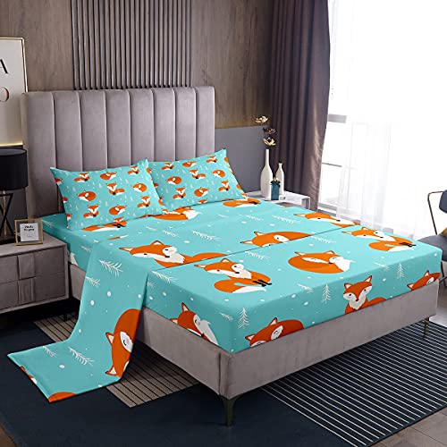 Loussiesd Kids Bed Sheets King Size Cute Fox Print Bed Sheet Set For Boys Girls Bedroom Cartoon Kawaii Woodland Fox Wild Animal Bedding Set Children Toddler Fitted Sheet + Flat Sheet + 2 Pillow Case