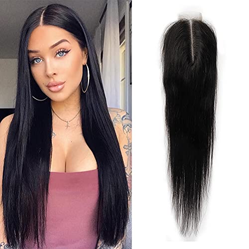 Straight 2x6 Lace Closure Middle Part 100% Human Hair Kim K Closure Swiss Lace 130% Density Deep Part Natural Black Color Bleached Knots (2x6, 20 Inch)