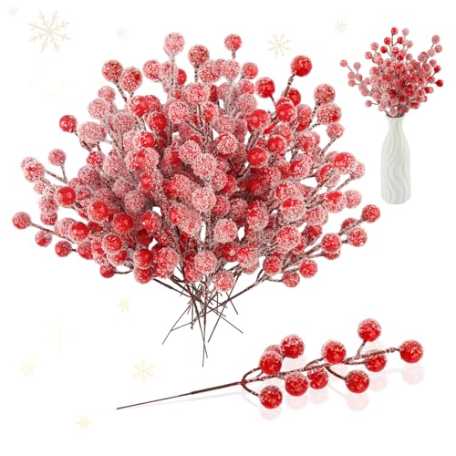RobLuX 24 Pcs Artificial Frosted Berries Stems Rote Beeren Deko Weihnachten mit 12 volle Glasur Künstliche Beerenzweige 12 Halbe Glasur Künstliche...
