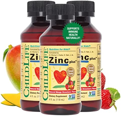 ChildLife Essentials Liquid Zinc Plus - All-Natural Support for Optimal Immune System Function, Allergen-Free, Zinc Drops for Kids, Infants, & Teens - Mango Strawberry Flavor, 4 Fl Oz (Pack of 3)
