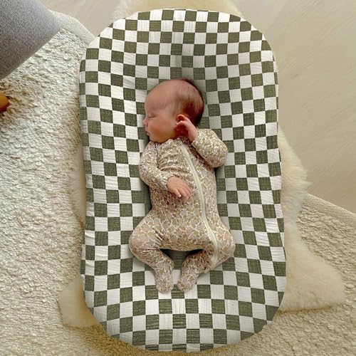 Image of guruixu Muslin Baby Lounger Cover 2 Pack, 100% Cotton Infant Lounger Cover, Soft & Breathable Replacement Slipcover, Compatible with Snuggle Me Newborn Lounger (Olive,Olive Check)