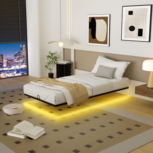 YIADDTION Floating Bed Frame Twin Size Twin Bed Frame with Smart LED Lights Heavy Duty Modern Metal Platform Bed Easy Assembly - No Box Spring Needed and Noise Free
