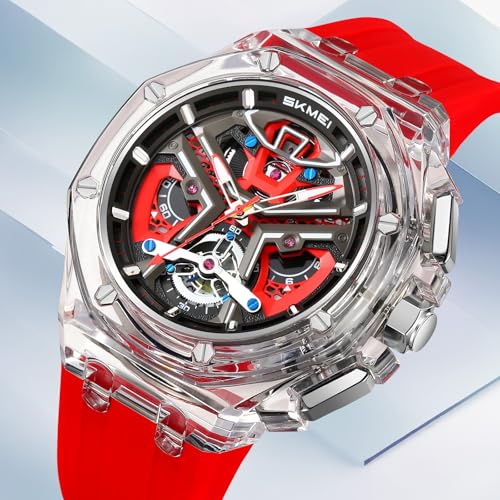Image of SKMEI Stylish Analog Quartz Watch for Men - Trendy Transparent Case, 30M Water-Resistant, Durable Silicone Band, Lightweight Wristwatch with Date Display & Stopwatch-2426
