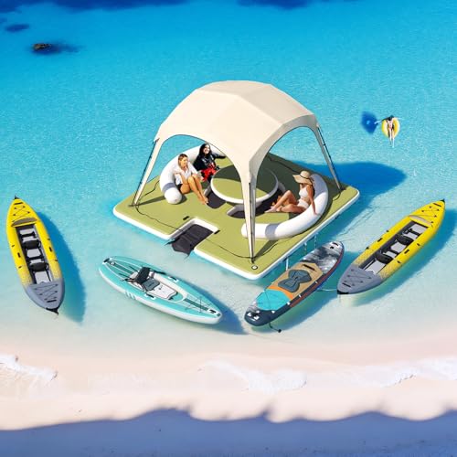 Image of Premium Floating Dock Lounge with Canopy, 11.15ft x 11.15ft Inflatable Water Platform with Ladder, Double Seats, Table & Sunshade, Heavy-Duty PVC for Pool, Lake, Beach