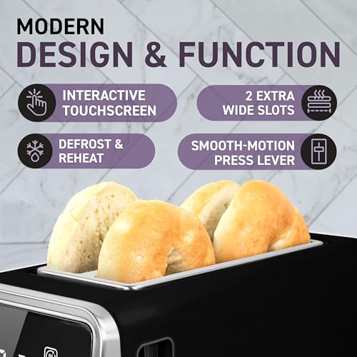 Image of Inspirex Touch Screen Toaster - 4 Slice, 2 Extra Long Slots - 5 Bread Types and 6 Browning Levels - Defrost, Reheat, Favorite, & Single Slot Modes - For Toast, Bagels, & Waffles - Black