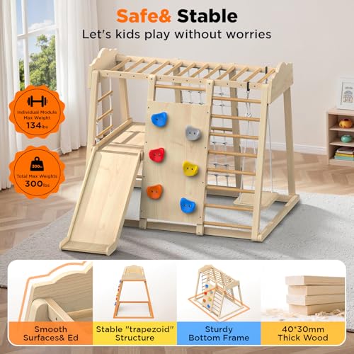 Indoor Playground 8-in-1 Wooden Jungle Gym Large Kids Play Gym Climbing Toys with Swing, Slide with Preperation Zone, Monkey Bars, Climbing Rocks, Rope Wall, Ladders