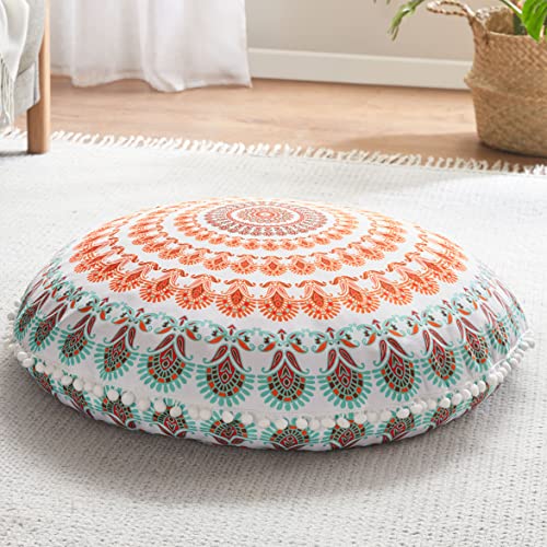 Meditation Floor Pillow, Round Large Pillows Seating for Adults, Bohemian Mandala Circle Cushion for Outdoor Fireplace Yoga Living Room, 32 Inch, Memory Foam Added, Coral