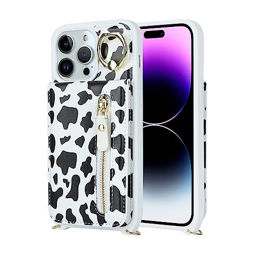 Image of iPhone 14 Pro Max Case for Women with Card Holder, iPhone 14 Pro Max Phone Case Wallet with Strap,Crossbody Lanyard Cases with Credit Card Slots Kickstand Ring Holder Stand Case,6.7 inch,Cow Print