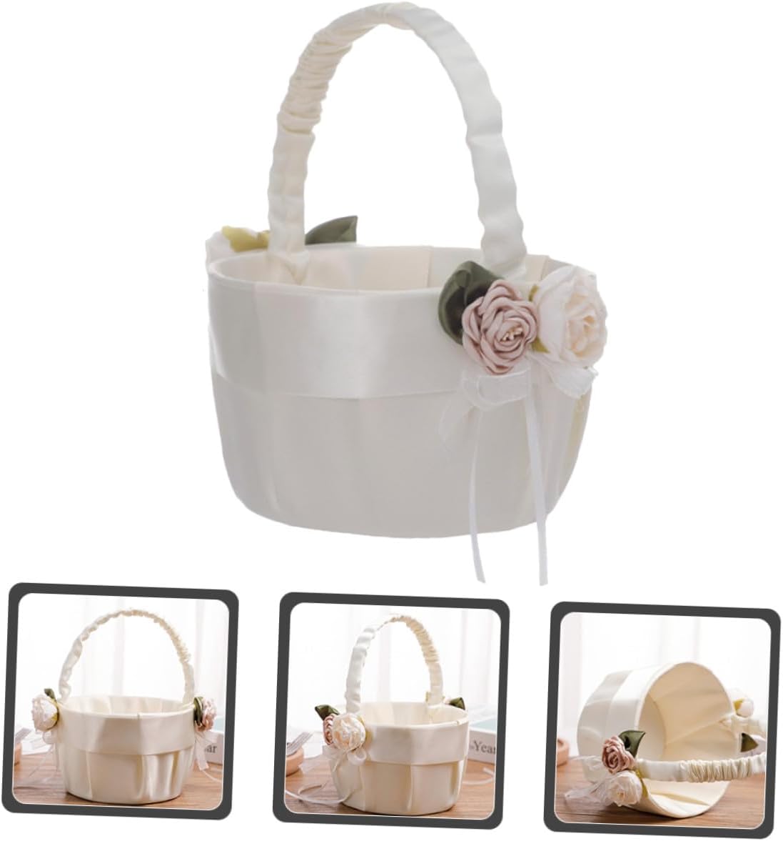 STAHAD Ivory White Flower Girl Basket with Lace and Satin Flowers, Handheld Wedding Bride Basket for Ceremony and Party Supplies, 1pcs