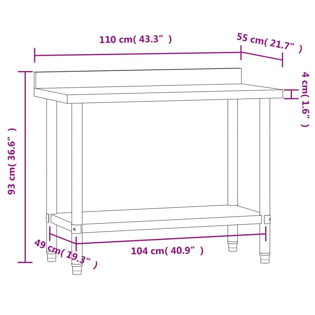 Tavolo da lavoro da cucina in acciaio inox con bordo rialzato, 110 x 55 x 93 cm, piedini regolabili, vano portaoggetti, ideale per gastronomia, ristorante, hotel, catering, forniture