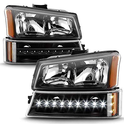 VIPMOTOZ [4-Piece For 2003-2006 Chevy Avalanche Silverado 1500 2500 3500 Black Headlight LED Strip DRL Front Bumper Parking Turn Signal Lamp Housing Assembly Driver & Passenger Side Set