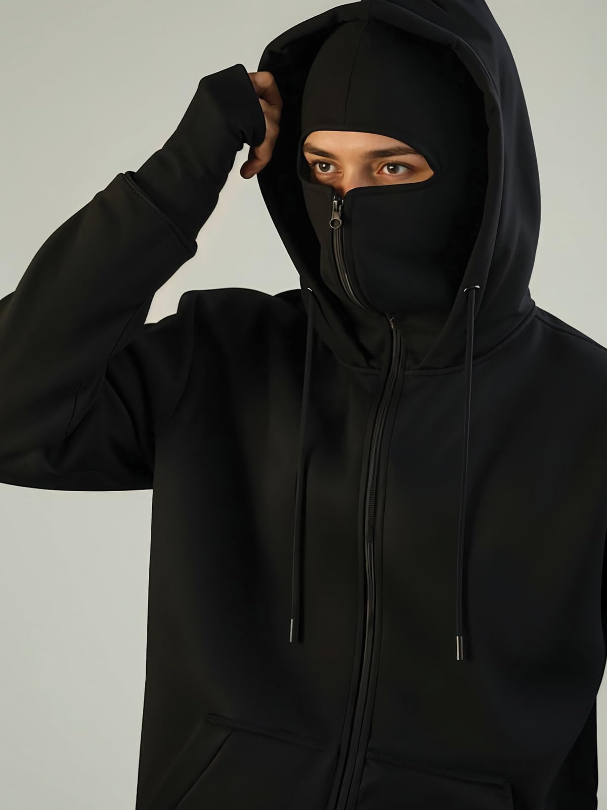 ADRO Cagoule pour homme, 320 g/m², coton doux, fermeture éclair, manchon avec trou pour le pouce, gants, veste de voyage avec capuche, sweat d'hiver