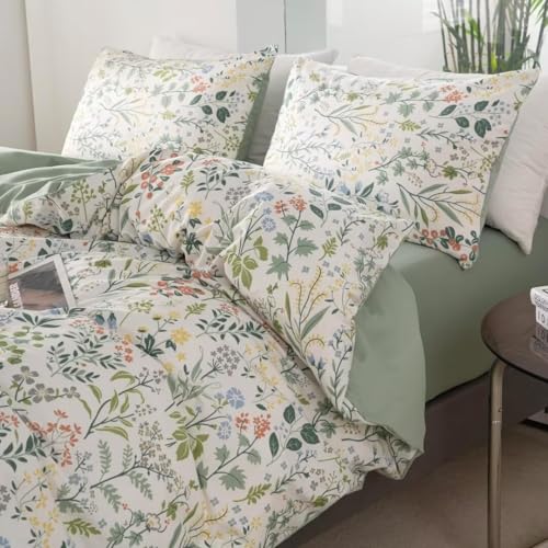 Image of MKXI Queen Size Wildflower Duvet Cover Set Sage Green Spring Floral Bedding Set Rustic Cabin Duvet Cover Green and White Botanical Duver Cover Fresh Bedding Collection 100% Cotton