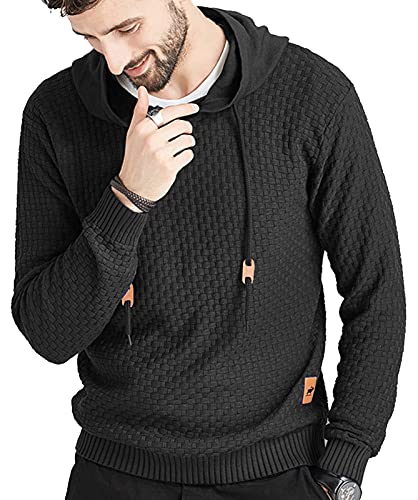Zaitun Mens Hooded Sweatshirt Long Sleeve Solid Knitted Hoodie Pullover Sweater Black #TOP1
