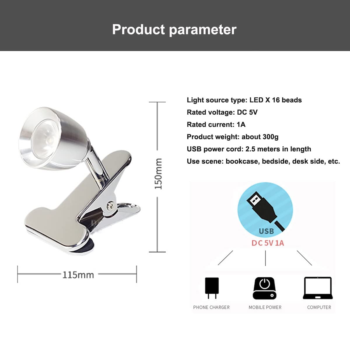 Lampada da lettura flessibile a clip, regolabile, a 270°, portatile, a LED, luce da scrivania/tavolo/letto, 3000 K, luce bianca calda, perfetta per casa e camera da letto, colore argento