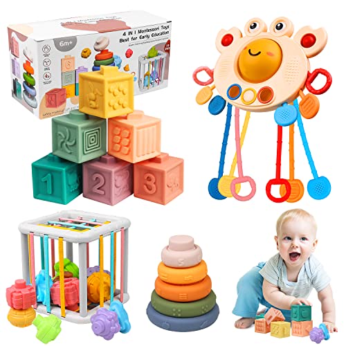 Image of 4 in 1 Baby Toys Montessori Toys for Babies 6-12 Months, Stacking Building Blocks & Pull String Teething Toys & Color Storage Shape Bin Sensory Toys for 1 2 3 Year Old Babies Infant Boy and Girl Gifts