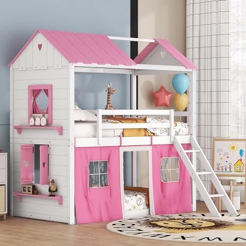 Harper & Bright Designs House Twin Loft Bunk Bed with Tent, Kids Loft Bed with Ladders,Guardrail, Windows and Roof, Wood Twin Over Twin Playhouse Bunk Bed for Kids Teens Boys & Girls (Pink & White)