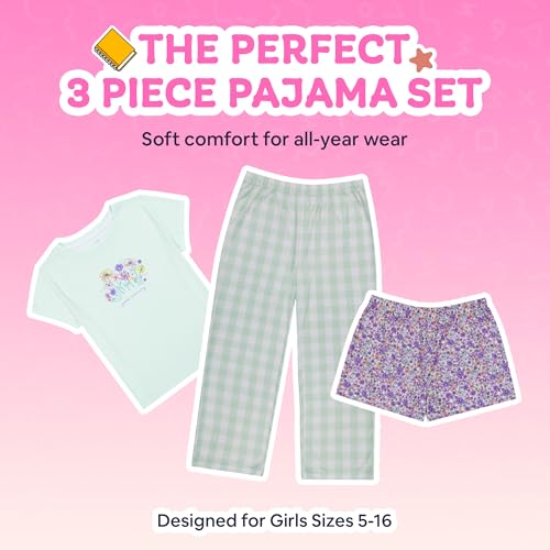 Girls Pajamas Set - 3-Piece PJs Set, Tee, Pants & Shorts, Soft Girls’ Sleepwear, Teen Kids Pajamas, Sizes 5-164