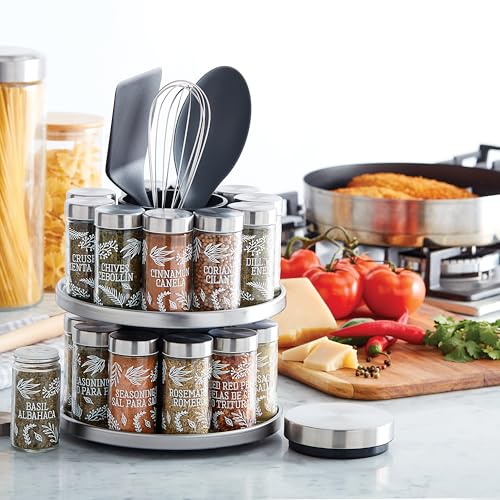 Image of Kamenstein Salem 20-Jar Rotating Spice Rack with Spices Included, Stainless Steel Countertop Organizer with Sifter Caps and Tool Caddy, Spice Set for Kitchen Organization