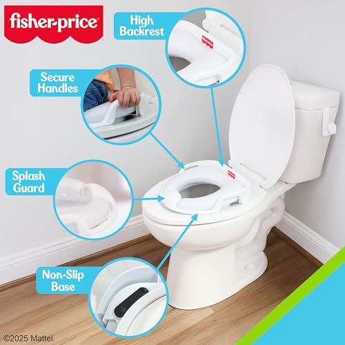 Fisher-Price™ Ready & Steady Potty Seat – Deluxe Soft Padded Potty Ring with Handles, Splash Guard, and Storage Hook for Toddlers Potty Training, White