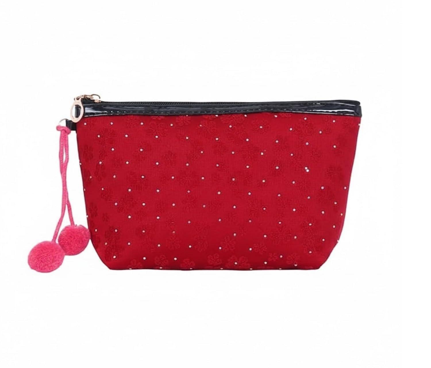 Small Cotton Makeup Pouch for Women | Fabric Zipper Kit with Pom-Pom Detail | Single Compartment Organizer Color-Red-image-47
