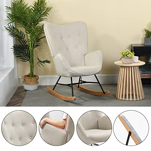 MEUBLE COSY Schaukelstuhl Sessel Schaukelsessel Stillstuhl Schwingstuhl mit Armlehnen Gepolsterter Sitzfläche für Wohnzimmer Schlafzimmer, Balkon, Stoff und Holzkufen, Bis 120 kg Belastbar, Beige