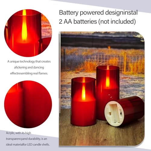 Image of Flameless LED Candles, Upgraded Realistic Flickering Flame Pillar Battery Operated Candles with Remote Timer, Acrylic Electric Set of 3 for Home Decoration and Holiday Celebrations（Red）