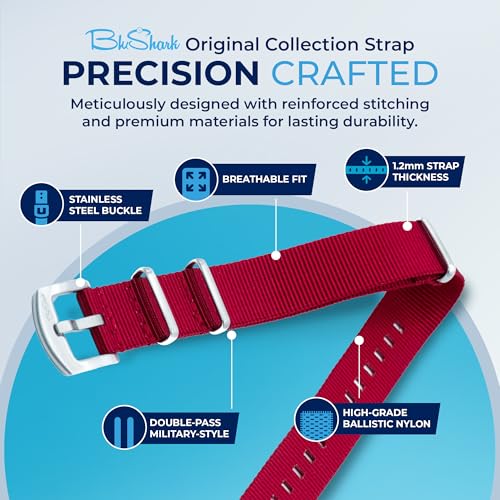 Image of BluShark - Original Collection Military-Style Waterproof Watch Strap, Fits All Timepiece Brands, Durable Nylon Wristwatch Accessories with Stainless Steel Buckle - 18mm, 20mm, 22mm & 24mm Watch Bands