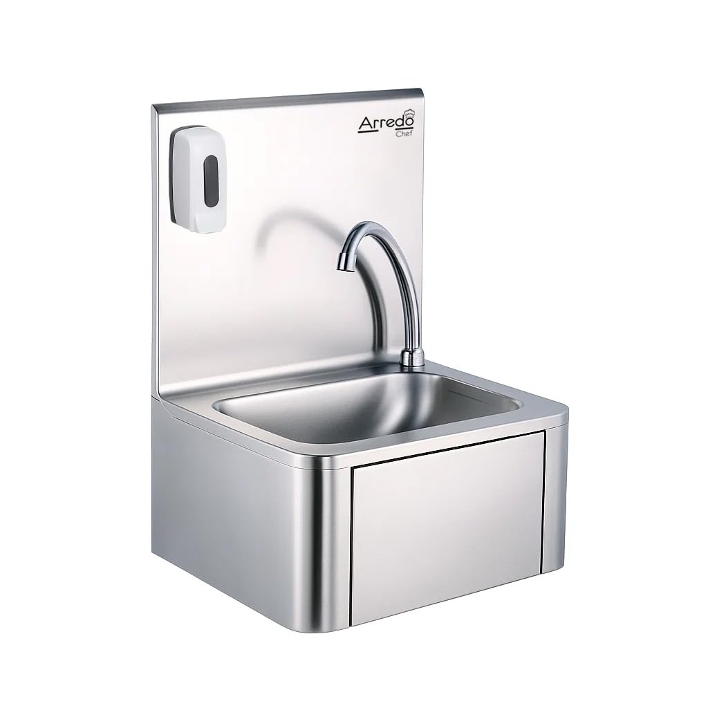 Lave-mains mural professionnel cuve en inox 304 avec dosseret + robinet + distributeur de savon – Idéal cuisine pro, restaurant, bar, collectivité, CHR