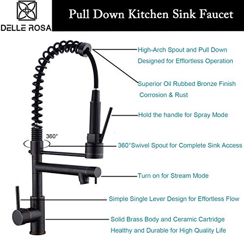 Kitchen Faucet,Delle Rosa Kitchen Faucet with Pull Down Sprayer, Modern 360 Degree Swivel Kitchen Faucet, High Arch Spring Pre-rinse Farm Kitchen Faucet Oil Rubbed Bronze