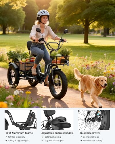 Image of MOONCOOL Electric Tricycle for Adults, 20 inch x 4 inch Fat Tire Folding Electric Trike, 48V 500W 3 Wheel Electric Bike, 7 Speed E Trikes for Adults with Removable Battery, Aluminum Frame & Large Basket