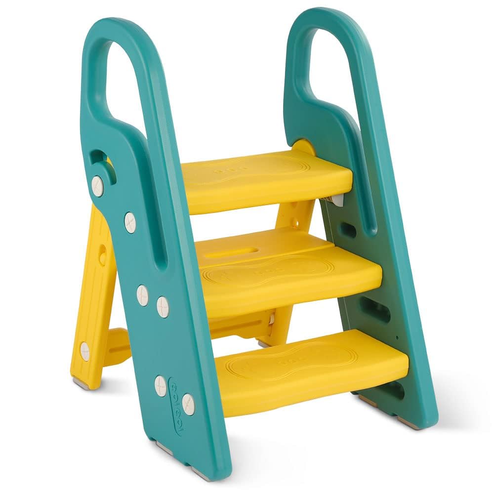 Onasti Foldable Step Stool for Kids, 2 Steps - 3 Steps Height Adjustable Toddler Step Stool, Toilet Steps for Potty Training, Learning Tower with Handle for Bathroom, Bedroom, Kitchen (Yellow-green)
