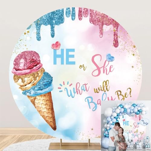 OERJU Round Ice Cream Gender Reveal Backdrop He or She Gender Reveal Circle Backdrop Cover What Will Baby Be Summer Baby Shower Gender Surprise Party Decorations Photography Background Props 5ft