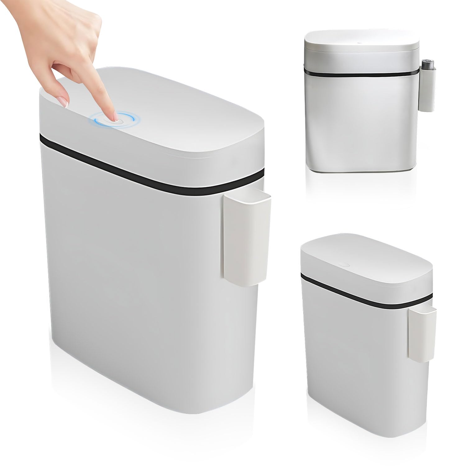 Gluckluz Trash Bin Kitchen Dustbin Rubbish Can Narrow Garbage Container Plastic Waterproof Waste Basket with Press Top Lid & Storage Box for Bathroom Living Room Office Bedroom Home (White, 14L)