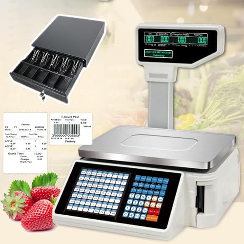 LYDZUSDP Label Printing Scales Digital Barcode Weighing Scales-Back Front Dual Display-63 Shortcut Keys for Weighing(Machine+Cashbox)