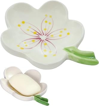 Soap Holder Ceramic Self Draining Soap Dish Ceramic Flower Shaped Design for Shower Sustainable Use for All Common Sizes Solid Soaps White