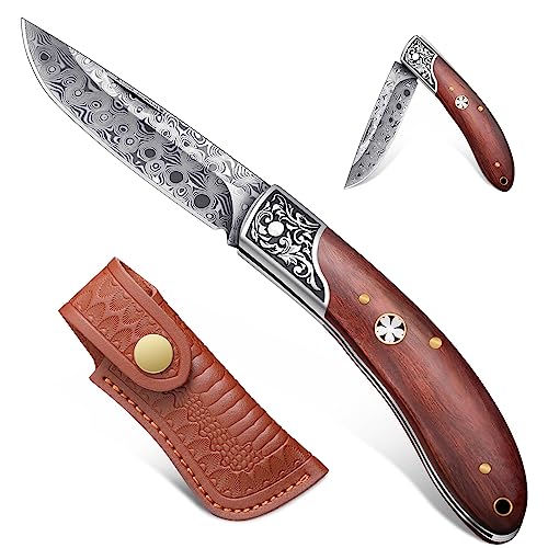Freelander Couteau pliant Damas, Couteau de poche de survie aiguisé avec étui en cuir, Couteau pliant multifonctionnel pour le camping, la randonnée et la survie...