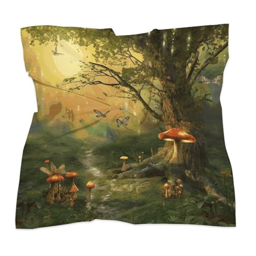 Forest with Fairies Butterflies Elves Women's Silk-Like Fashion Head Scarf Versatile Satin Square Bandana Kerchief