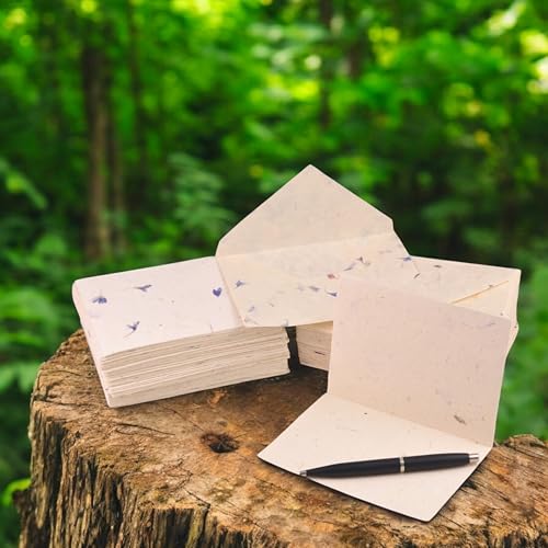 Image of Kathmandu Valley Co. 50 Vintage 4x6 Handmade Lokta Paper Nepali Cherish Greeting Cards & Matching Decorative Flower Petal Envelopes. Folded blank cards. Handmade In Nepal. (Cornflower)