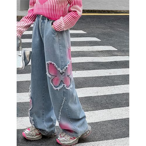 Girls Trendy Butterfly Print Y2k Jeans Baggy Wide Leg Ripped Dark Blue Denim Pants Elastic Waist Denim Sweatpants3