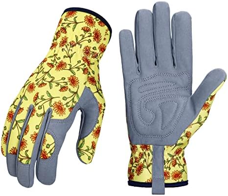 Bamllum Leather Gardening Gloves for Women - Working Gloves for Weeding, Digging, Planting, Raking and Pruning (Yellow)