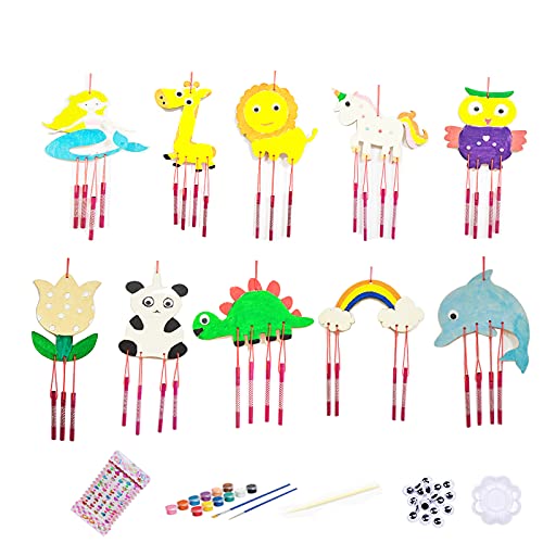 Y-YFLY 10 Piece Wood Wind Chime Making Kit, Animal Windchimes,DIY Creat & Paint Wooden Wind Chime, Musical Chime DIY Gift, Birthday Party Favors Craft Kits for Kids Ages 4 5 6 7 8 9